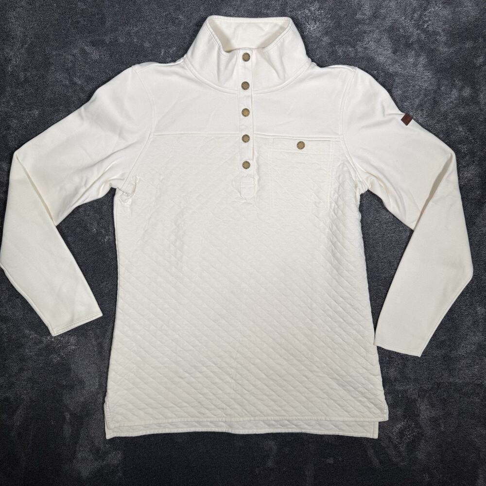LL Bean Womens Quilted Pullover Sweater White Button Placket Size M